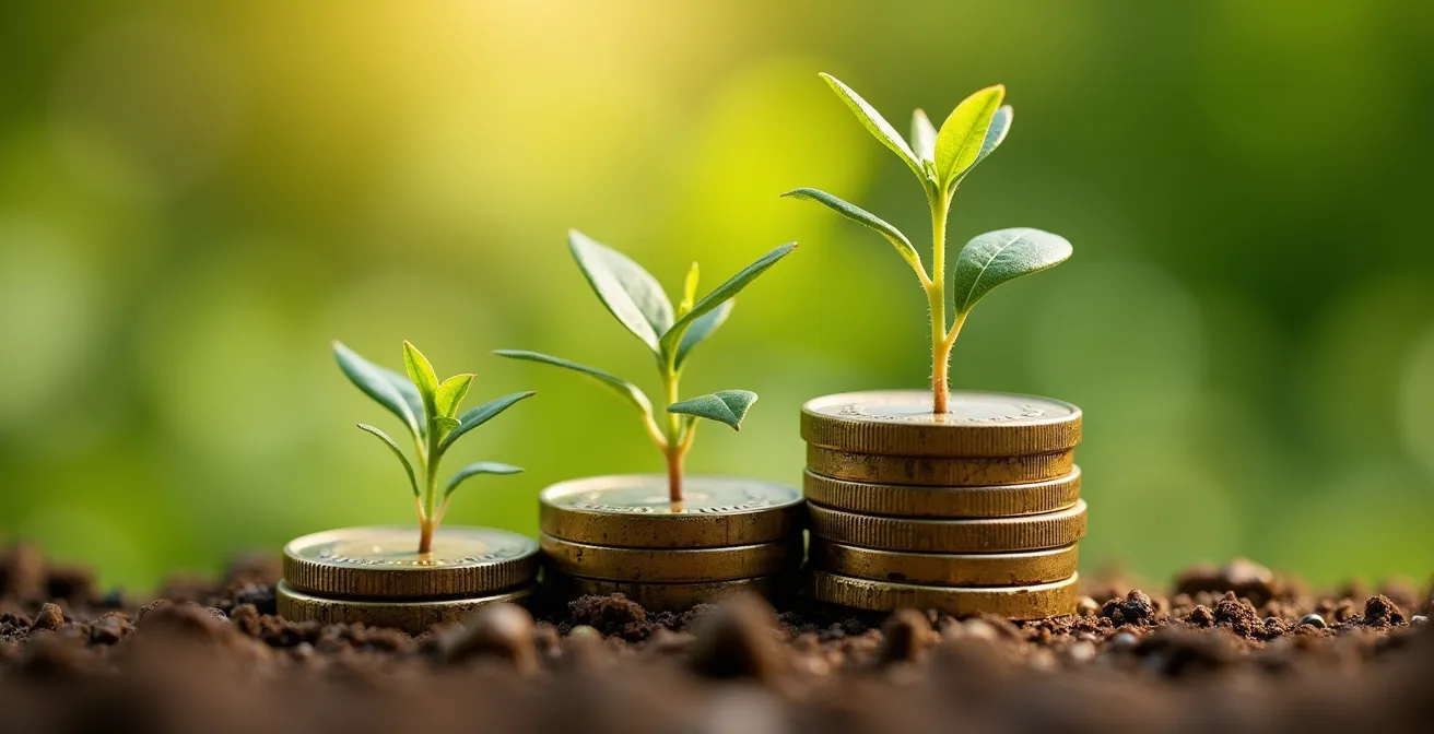 Vue macro de pièces de monnaie empilées avec végétation en arrière-plan