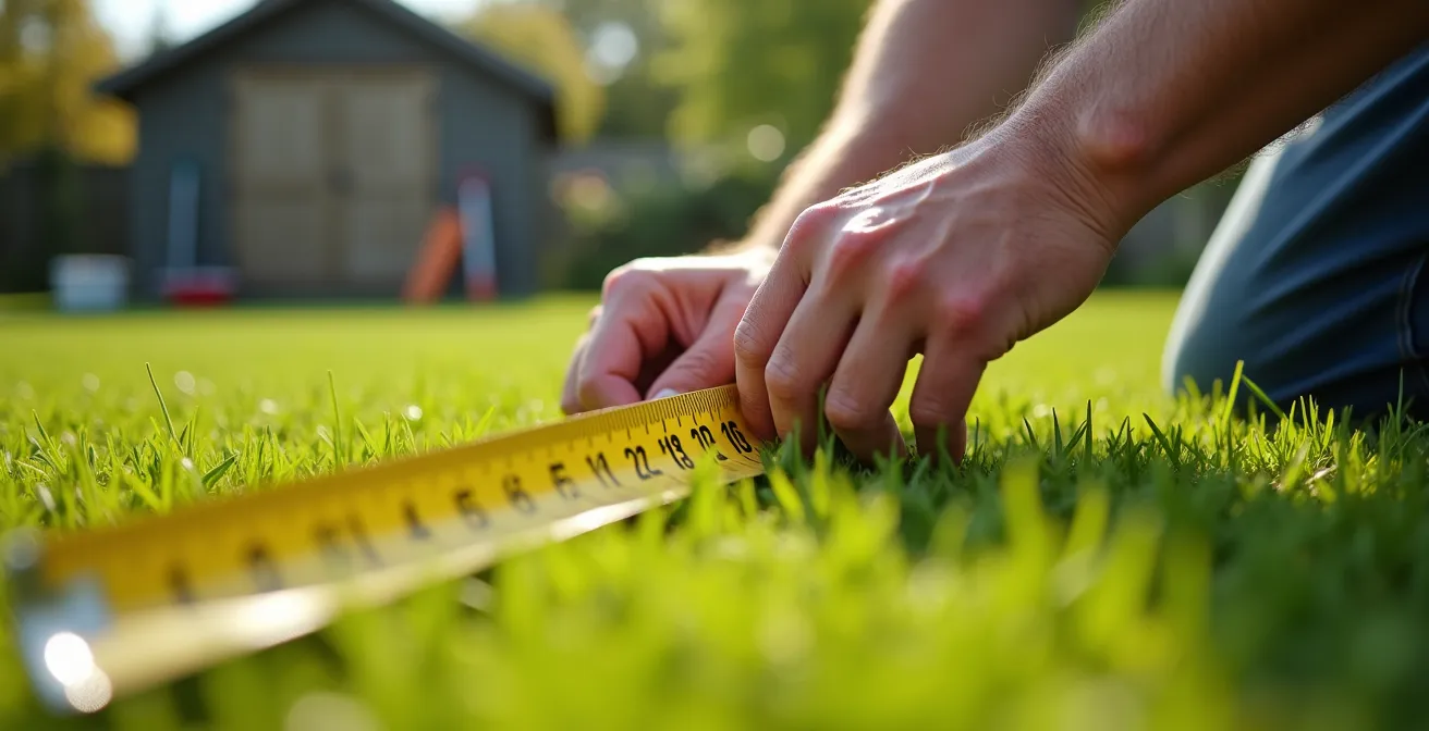 Mains mesurant une pelouse avec un mètre ruban professionnel