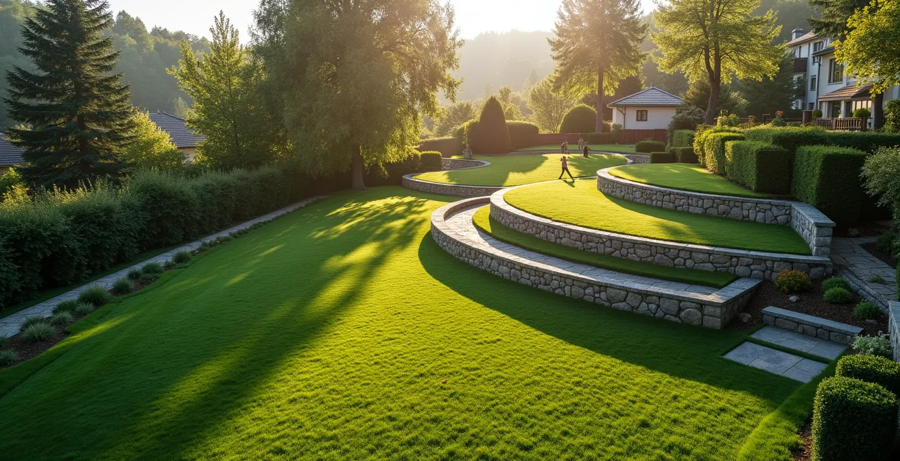 Vue aérienne d'un jardin avec différentes zones de pente et obstacles naturels